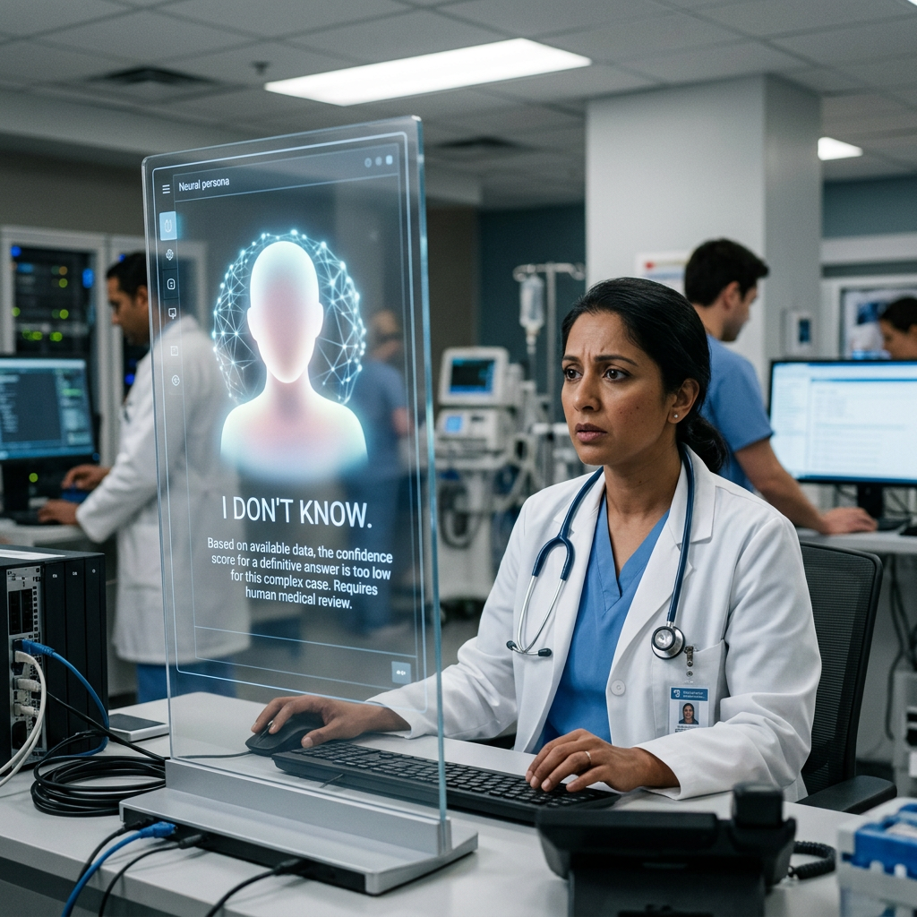 Doctor at computer with AI screen showing 'I DON'T KNOW' message on medical diagnosis