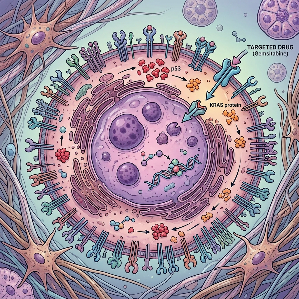 Diagram of pancreatic cancer tumor targeted by arrows labeled targeted therapies, immunotherapy, drug molecules, and precision medicine